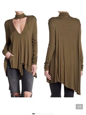 Free People Uptown Turtleneck Choker Tunic Tee Army Green XS